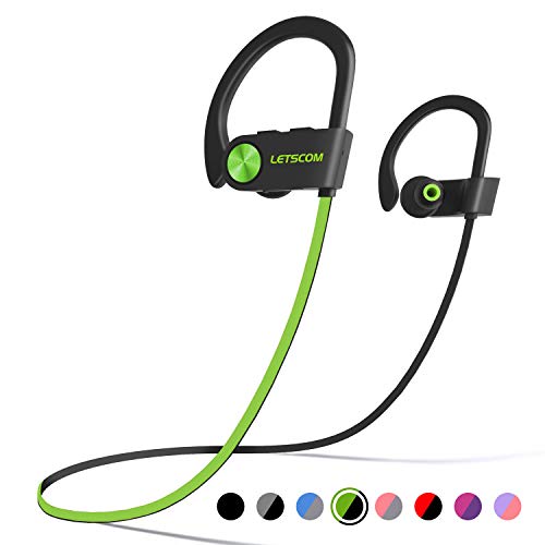 LETSCOM Bluetooth Headphones IPX7 Waterproof, Wireless Sport Earphones, HiFi Bass Stereo Sweatproof Earbuds w/Mic, Noise Cancelling Headset for Workout, Running, Gym, 8 Hours Play Time